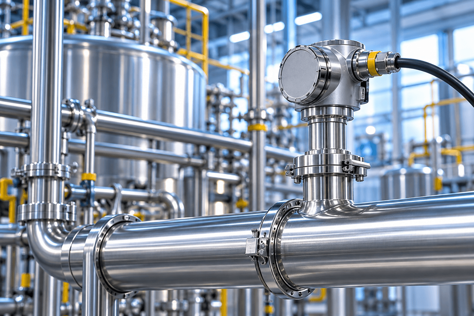 Industrial transmitter mounted on sanitary stainless-steel process equipment