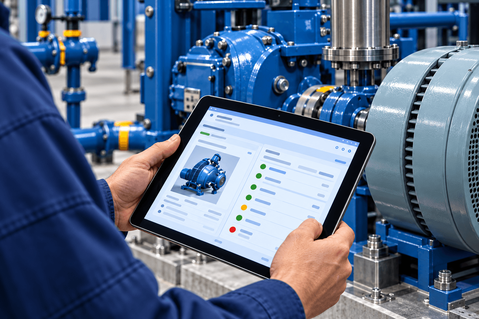 Technician reviewing industrial pump and motor equipment on a tablet