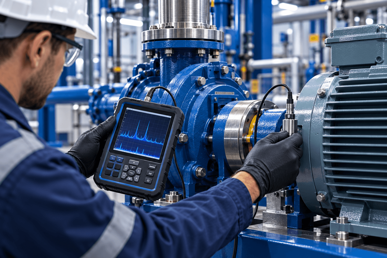 Technician performing vibration analysis on rotating equipment
