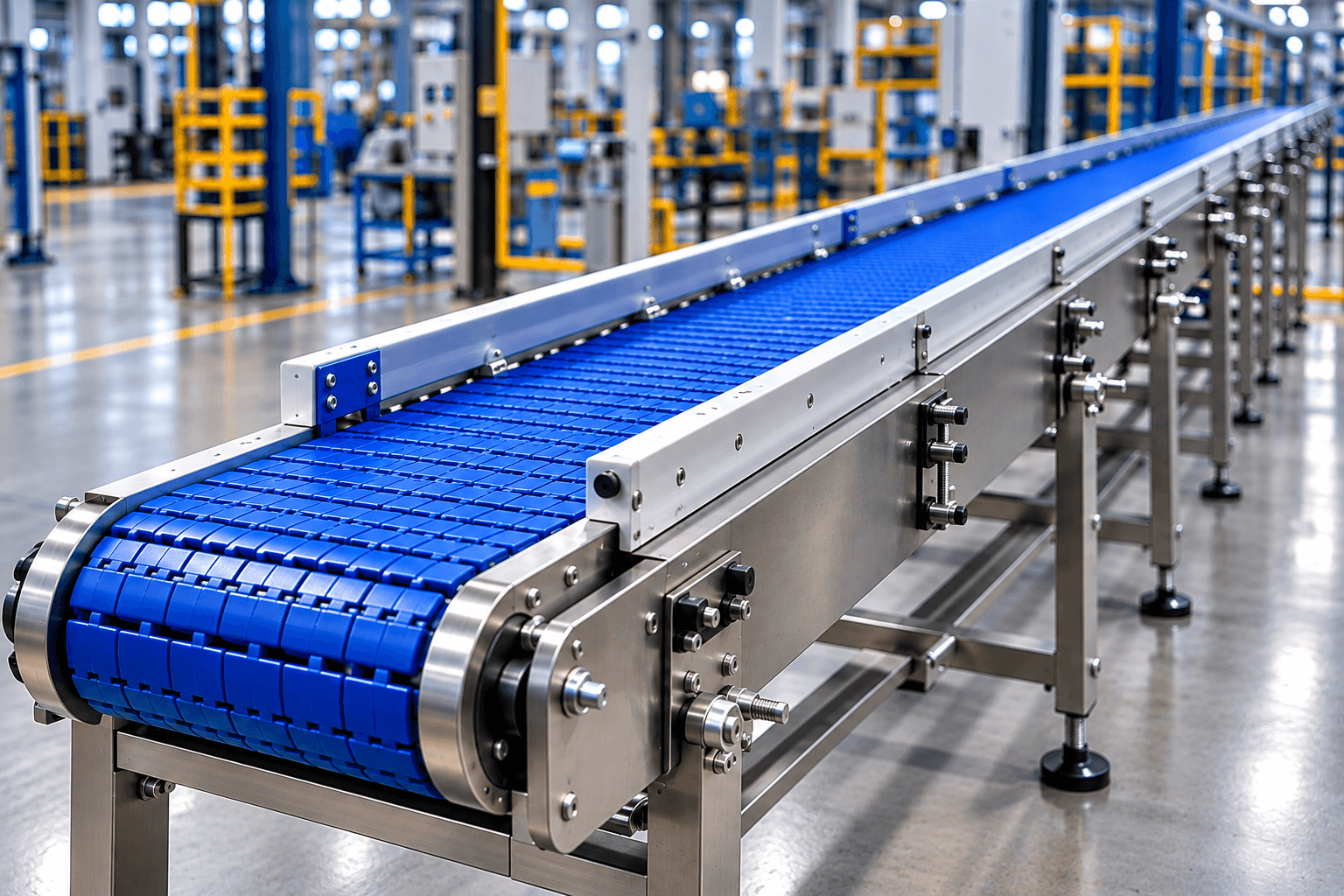Stainless-steel packaging conveyor with blue modular belt