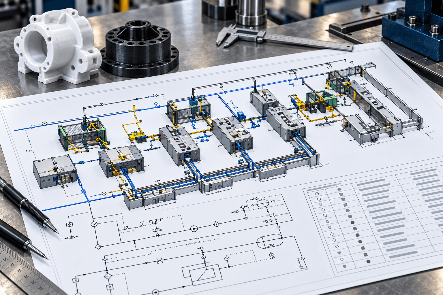 Exploded machine assembly with shaft, bearings and fasteners
