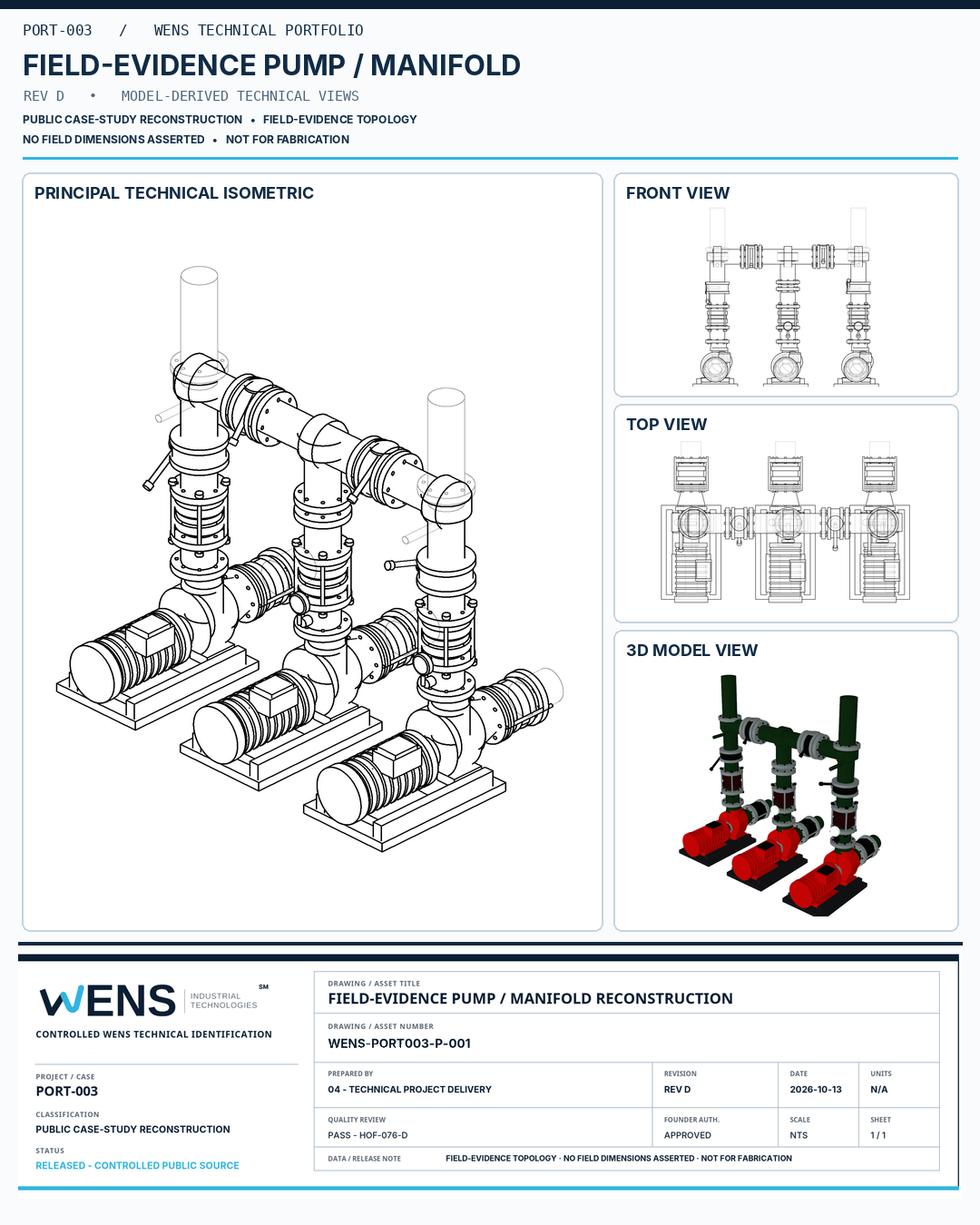 PORT-003 Rev D controlled public technical sheet: pump/manifold isometric, Front and Top views, 3D model view and official WENS title block
